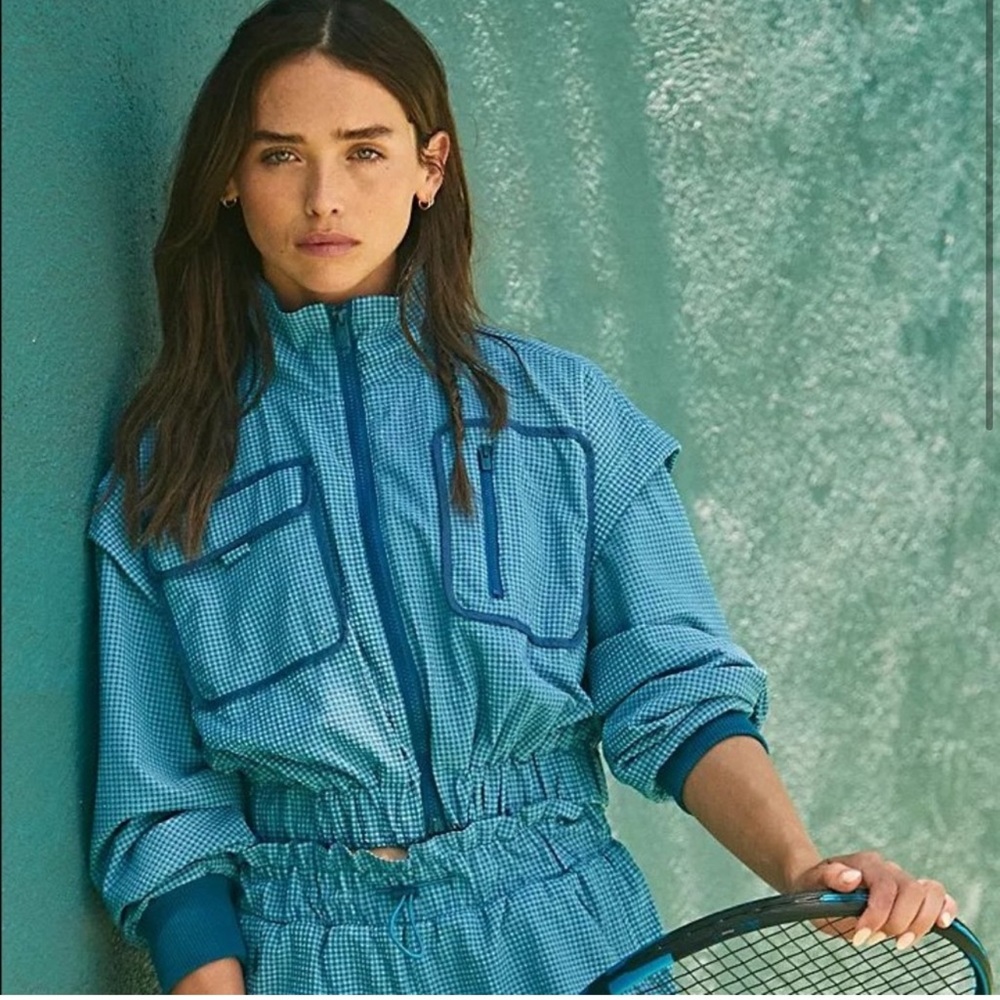 Free People FP Movement Forty Love Cropped Jacket -Blue Checkered Cropped Jacket